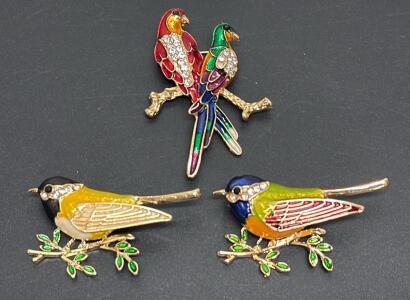 (3) Piece Multicolor Enamel Bird Brooch Set with Rhinestones and Safety Pin Clasp