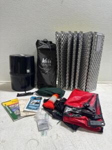 Assorted Camping Items - Foldable Table, Bear Safe, Heavy Duty Cord, Tarp, & Maps