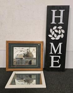 Floral Basket Print, White Wood Framed Mirror, Home Sign