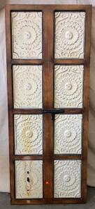 Rustic Wood and Metal Decorative Wall Panel With a Distressed Finish. The Panel Features Six Sections With Embossed Floral Designs and a Metal Latch. 66"x27"x2"
