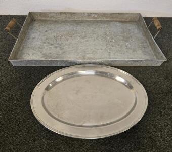 Metal Oval Serving Platter & Rectangular Galvanized Metal Tray w/ Wooden Handles