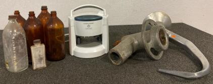 Black And Decker Automatic Jar Opener (Unable To Test), Industrial Meat Grider Attachment And Dough Hook, And Vintage Bottles