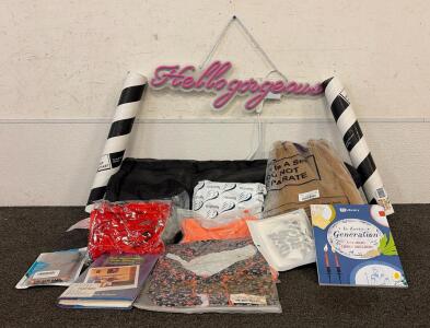 BRAND NEW PRODUCTS!! Including (1) Windshield Cover, (1) &ldquo;Hello Gorgeous&rdquo; Light Up Wall Sign, (2) Books, And More!!