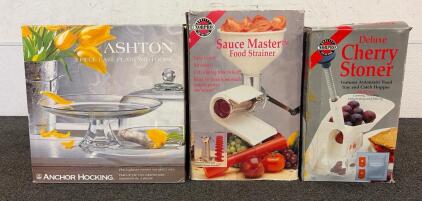 (1) Anchor Hocking Ashton 2-Piece Glass Cake Plate With Dome, (1) Norpro Sauce Master Food Strainer, (1) Norpro Deluxe Cherry Stoner, And So Much More!!
