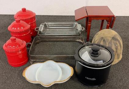 (1) M1 Helmet Liner, (3) Matching Red Glass Canisters, (1) Minu Crock Pot, And So Much More!!