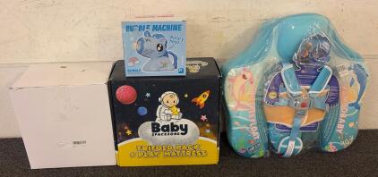BRAND NEW PRODUCTS!! Including (1) Baby Spacezone Trifold Pack And Play Mattress, (1) Mambobaby Baby Swim Ring, (1) Bubble Machine, And More!!