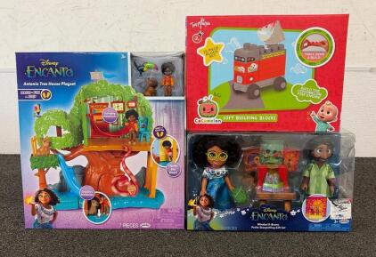 BRAND NEW PRODUCTS!! (1) Encanto Antonio Tree House Play Set, (1) Set If Cocomelon Soft Building Blocks, And (1) Ecabto Mirabel And Bruno Petite Storytelling Gift Set!!