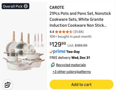 CAROTE 21Pcs Pots and Pans Set, Nonstick Cookware Sets, White Granite Induction Cookware Non Stick Cooking Set w/Frying Pans & Saucepans(PFOS, PFOA Free)