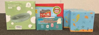 BRAND NEW PRODUCTS!! (1) Vieco Plant Based Toddler Plate, (1) Set Of Cocomelon Building Blocks, (4) Plastic Toddler Cups, And More!!