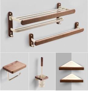 Luxury Walnut Aluminium Bathroom Accessories Shower 7 Pieces Set, Including Shower Rack, Hook, Corner Rack, Towel Bar, Paper Holder, Toilet Brush Holder, Color: Cream