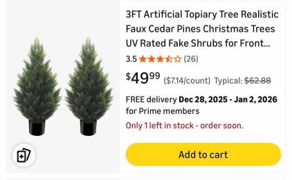 3FT Artificial Topiary Tree Realistic Faux Cedar Pines Christmas Trees UV Rated Fake Shrubs For Front Porch Faux Plants Indoor And Outdoor Decor (2 Pack)