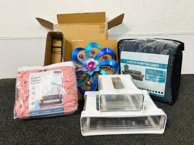 Decorative Flower Windmill For Garden, (2) Stretch Furniture/ Cusion Covers, and (2) Self Adhesive Under Desk Drawer Organizers