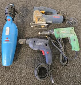 Collection of Power Tools: Handheld Vacuum, Drill, Screwdriver & Jigsaw