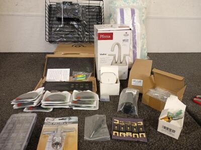 Home hardware Collection (1) Dish Rack (1) Shelf Divider (1) Vedra Pfister Faucet Brushed Nickel (13) 2 Pack Letter Openers (116) Assorted Washers And More