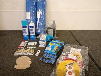 BRAND NEW (2) Pack Blue Merv 8 Filters (2) Sprayaway Glass Cleaners (1) Pair OSHA Approved Safety Goggles (9) Pack Hearing Aids (53) Pack Fly Strips And More