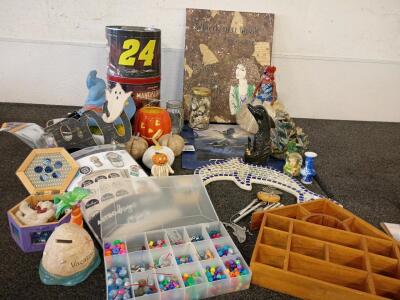 Assorted Home Decor (1) Glass Dolphin Wall Art (1) Dolphin Pen Holder Lighted Witch Halloween Face (1) Jackolantern Candle Holder Miscellaneous Box Of Beads And More SEE PICTURES