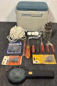 Coleman Personal 8 Cooler, Turbojector Branch Faucet, Magnifying Glass, & Assortment of Tools & Parts
