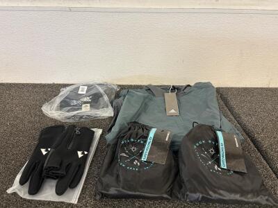 (1) Adidas Windbreaker New With Tags Size M (1) Adidas Ball Cap New With Tags (2) Pairs Ice Traction Cleats (1) Pair LAY Sport Fishing Gloves Size Small