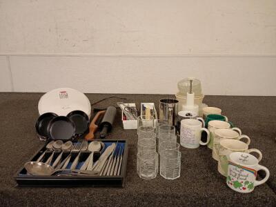 Kitchenware (8) Piece Glass Set Assorted Coffee Mugs Assorted Silverware and Kitchen Utensils Lean Machine Fat Grilling Machine And More SEE PICTURES