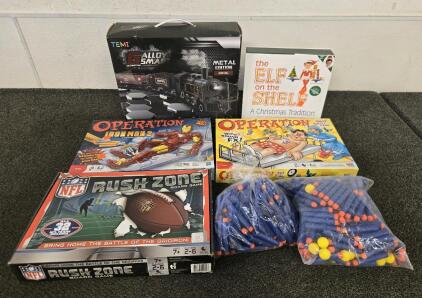 Model Train, (3) Board Games, Elf On The Shelf, Nerf Darts