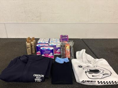 (7) Packages Always Discreet Pads (2) Packages Poise Pads (5) Bittles KeraCare Cleansing Curl Cream Bottles (2) Self Tanner Lotion bottles with Glives (1) M NASCAR Hoodie (2) Women&rsquo;s Small Tank Tops (1) Pair Men&rsquo;s Coveralls Unsized