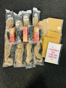 (4) 24" Long Body Wave Synthetic Ponytail Extension Hairpeices, (3) Self Tanning Lotion Sets, And Spercy Rude Valentines Cards/ With Envelopes