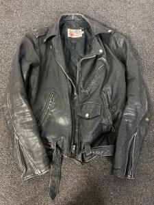 The Leather Shop Black Leather Motorcycle Jacket, Size 40 Tall, Quilted Lining