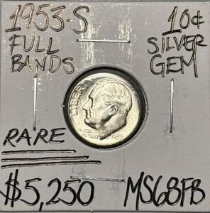 1953-S MS68FB RARE FULL BANDS GEM SILVER .10c