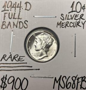 1944-D MS68FB RARE FULL BANDS GEM MERCURY .10c