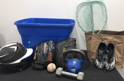 Baseball helmet, (2) gloves, a baseball and more