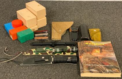 (2) 11&rdquo; Bowie Survival Knives, (2) Reloading Dies, Gun Scope, Gun And Knife Holders, Ammo Boxes And More