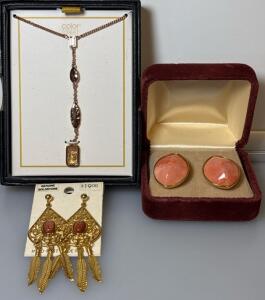 Color Street 18" Rose Gold Colored Triple Station 'Tokyo Lights' Necklace, Pair Of Vintage Yellow Gold Stud Earrings, And Vintage New Old Stock Pierced Dangles Earrings Gold Feathers and Gold Tone
