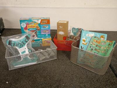 (2) 12 pack Friskies Tasty Treasures Prime Filets Cat Food (3) Collars M L And XL (1) Dog Harness (1) Traveling Pet Waterer (2) Animal Print Pouches (2) Dog Treat Cases (3) Metal Baskets