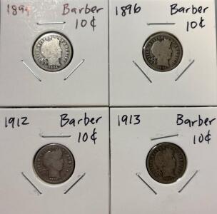 Rare US Silver Coins Set: 1894, 1896, 1912, 1913 Barber Dimes (90% Silver)