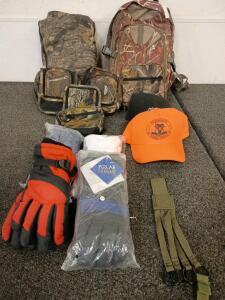 (6) Hunting Back Packs and Pouches (4) Insulated Cold Weather Gloves New in Packaging (2) Ball Caps