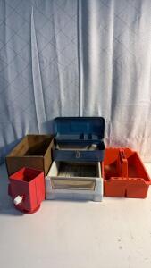 (1) Metal Tackle Box (1) Vintage Plastic Hand Seed Spreader & More