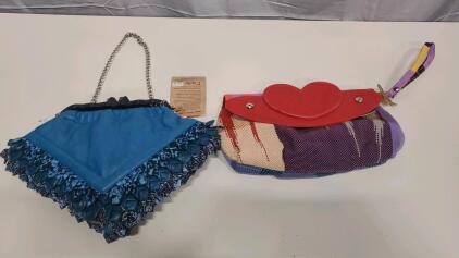 Unique Blue Leather Handbag with Chain Strap & Multicolored Heart Flap Clutch