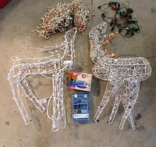 (2) Christmas Light Up Reindeer Figures (3) Bundles Of Christmas String Lights (2) 300 ct Multi-Colored Lights