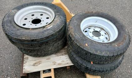 (2) 6-Lug Rims W/ Elevate STR ST225/75R15 Tires (1) 8-Lug Rim W/ Rainer St235/80r16 Tire (1) 8-Lug Rim W/ 215/75r17.5 Tire