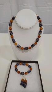 Jewelry Set with Blue and Orange Beads, Necklace, Bracelet, Earrings