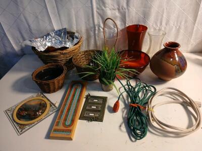 (3) Assorted Glass Vases (3) Assorted Woven Plant Pots (2) Extenstion Cords & More