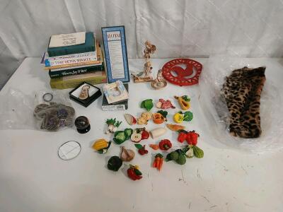 (23) Fruit And Vegetable Fridge Magnets (8) Assorted Books (1) Red Metal Rooster Wall Decor & More
