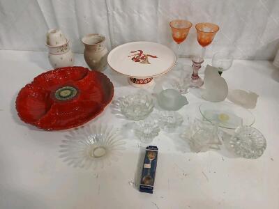(1) Vintage Charlton Hall By Kobe Ceramic 10 1/2" Cake Stand (9) Glass Candlestick Holders & More