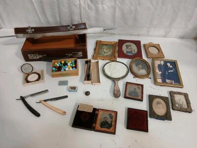 (9) Vintage Picture Frames (1) Box Of Vintage Marbles (2) Vintage Faical Straight-Blade Razor & More