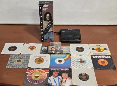 (Unopened) Cassette Player Bandolero, Wantech VHS Rewinder, (5) Cassette Tapes & (15) Vintage Vinyl 45's