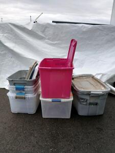 (8) Assorted Plastic Storage Totes W/ Lids -(24"x17"x16"-29"x18"x12")