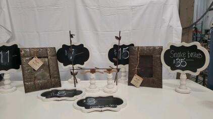 Assorted Home Decor (2) Metal Picture Frames (6) Chalkboard Pricing Signs Metal Necklace Rack