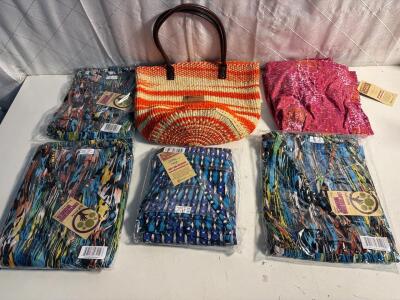(5) Multicolor Surplice Dress & Woven Basket Bag