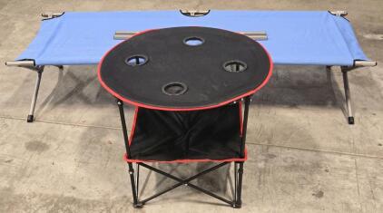 Folding Camping Table - 24"H x 28"&oslash; & Cot - 74"L x 26"W x 15"H (Both w/ Carry Bags)