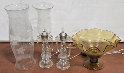 Vintage Bischoff Amber Glass Vase, (2) Vintage Electric Lights & Tall Etched Glass